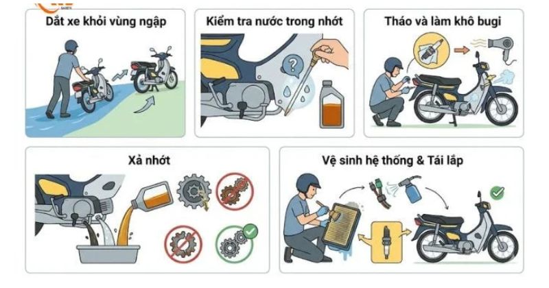 Quy trình xử lý xe máy bị ngập nước theo từng mức độ ngập từ nhẹ đến nặng